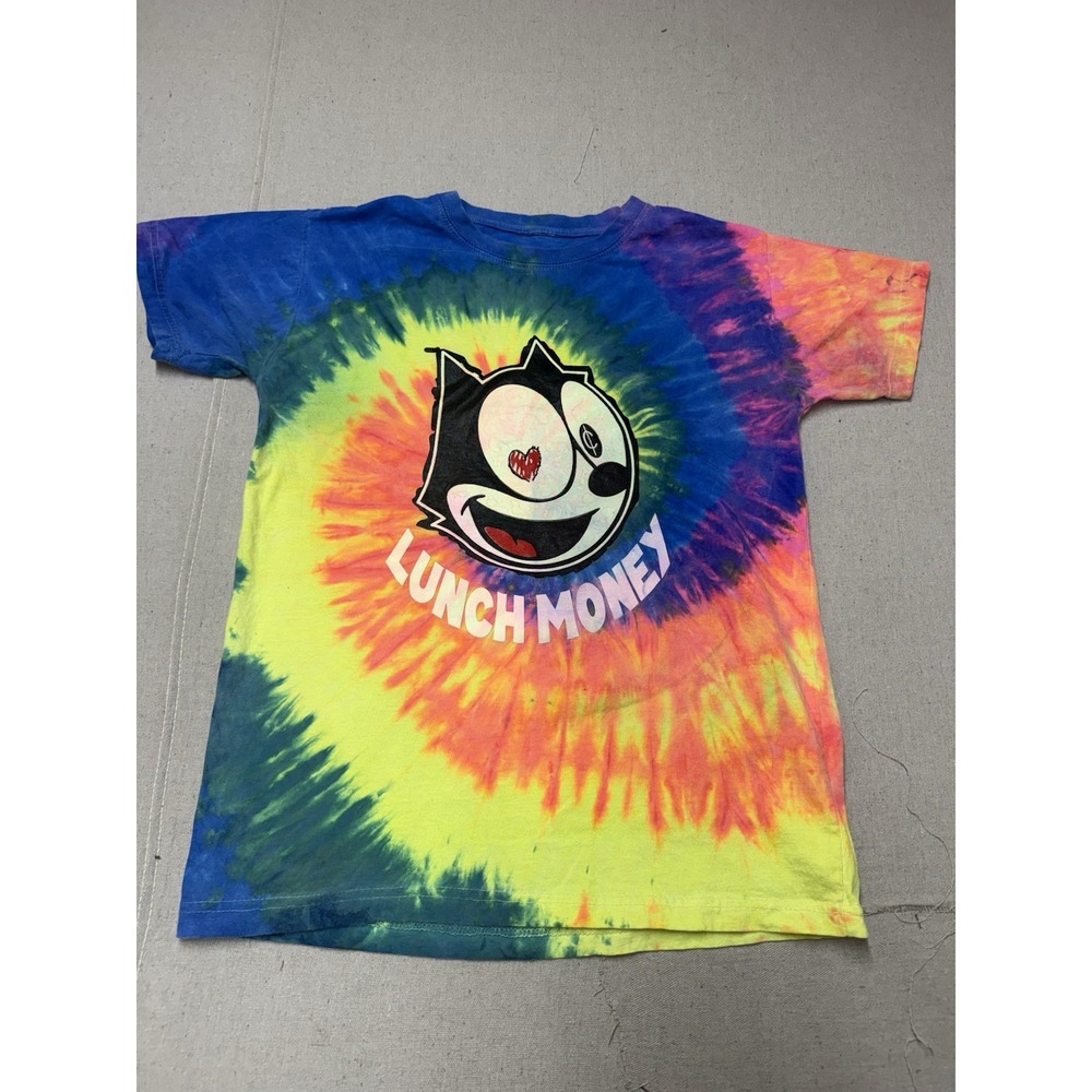Hanes T-Shirt Lunch Money Cat Graphic Tie Dye Multicolor Medium Good